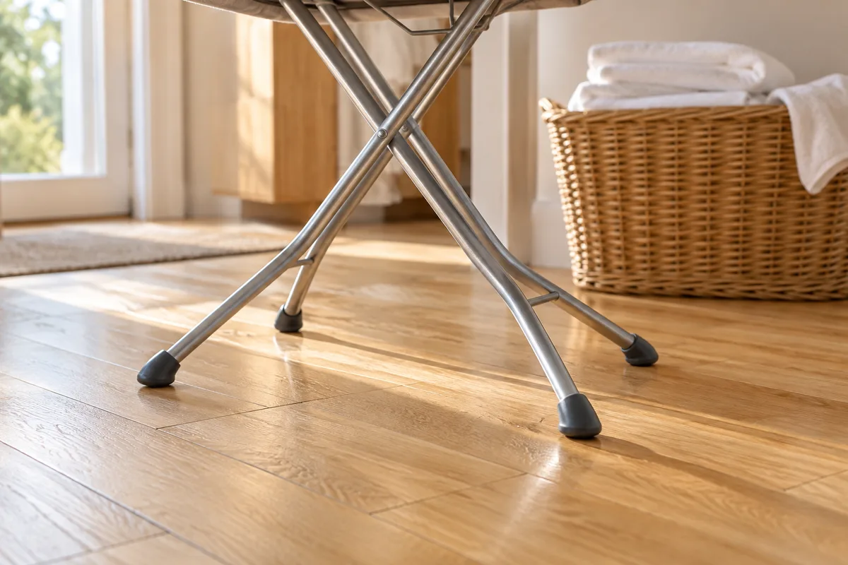 Pieds d&rsquo;une table à repasser et panier à linge en osier posés sur un parquet en chêne clair