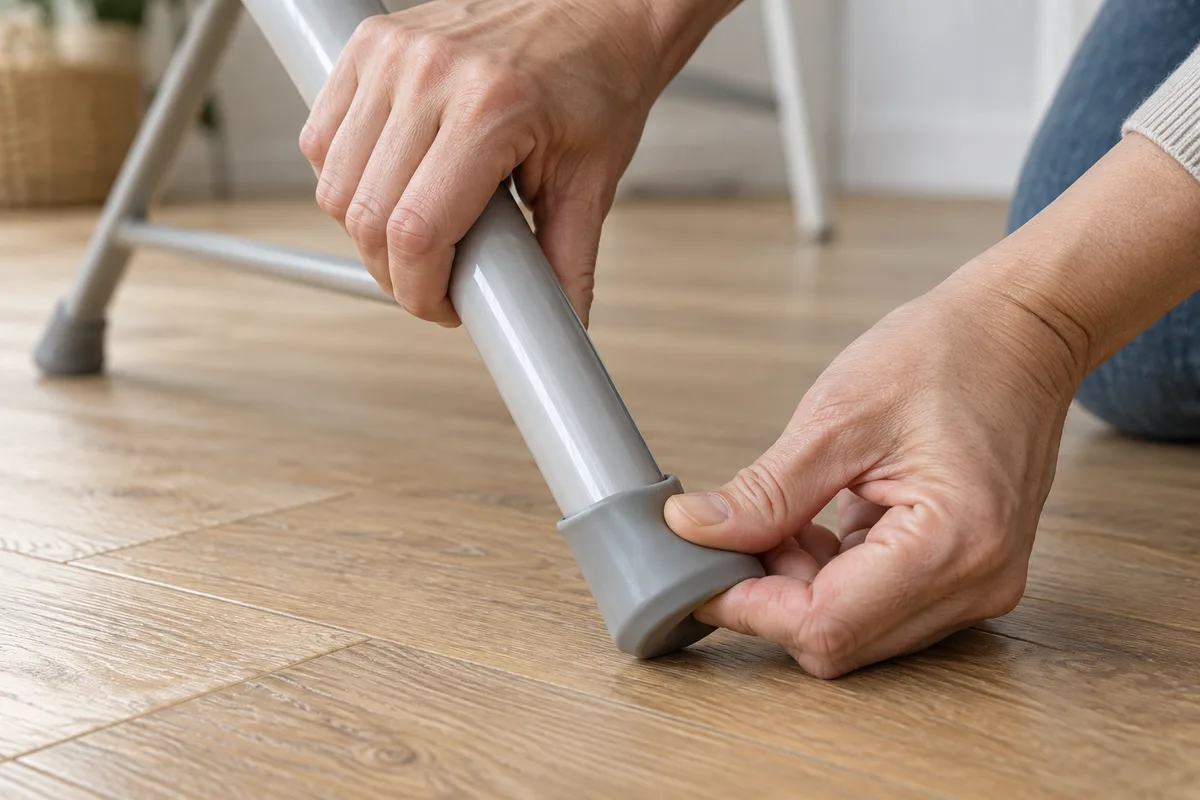 Mains enfilant un embout en silicone sur le pied tubulaire d&rsquo;une table à repasser sur parquet