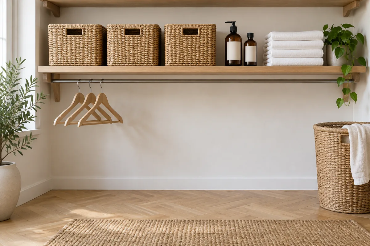 Étagère de buanderie rangée avec paniers en fibre, produits de lavage et pile de linge plié