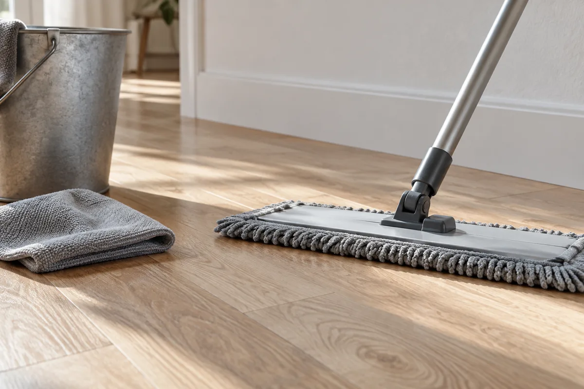 Balai plat en microfibre et chiffon posés sur un parquet clair près d&rsquo;une plinthe