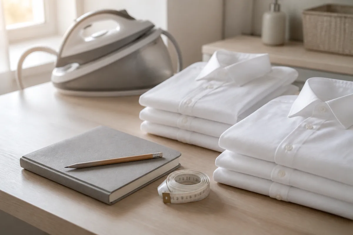 Plan de travail de buanderie avec piles de linge plié et carnet fermé