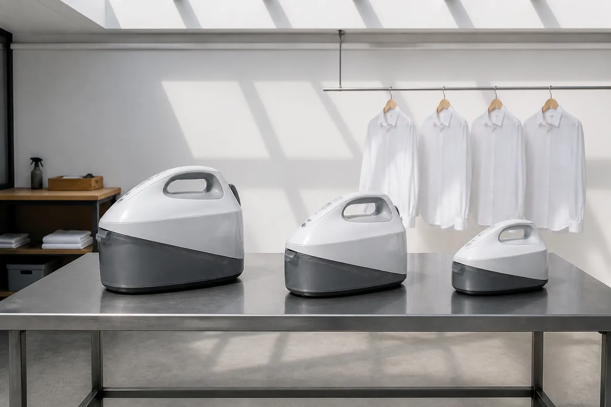 Atelier de test avec presse à repasser fermée et chemises blanches suspendues