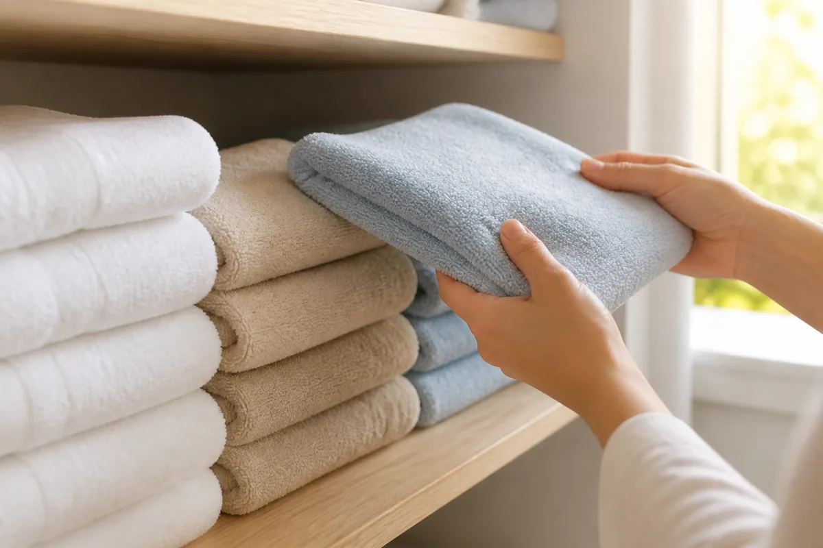 Mains disposant des serviettes pliées sur une étagère de buanderie éclairée par une fenêtre