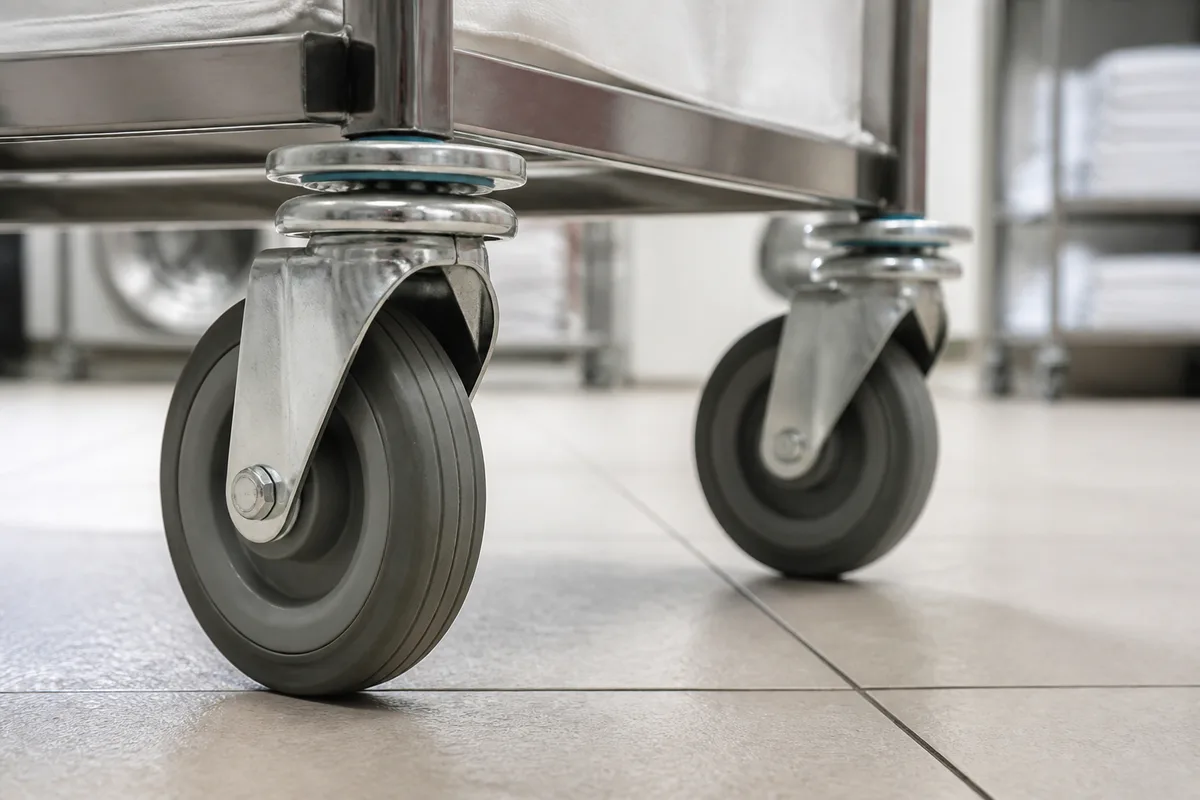 Roues pivotantes en caoutchouc gris d&rsquo;un chariot de manutention sur un sol de buanderie carrelé