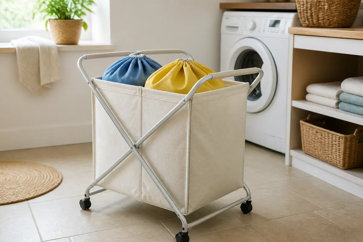 Chariot pliable en toile écrue tenant deux sacs à linge de couleurs différentes dans une buanderie de gîte