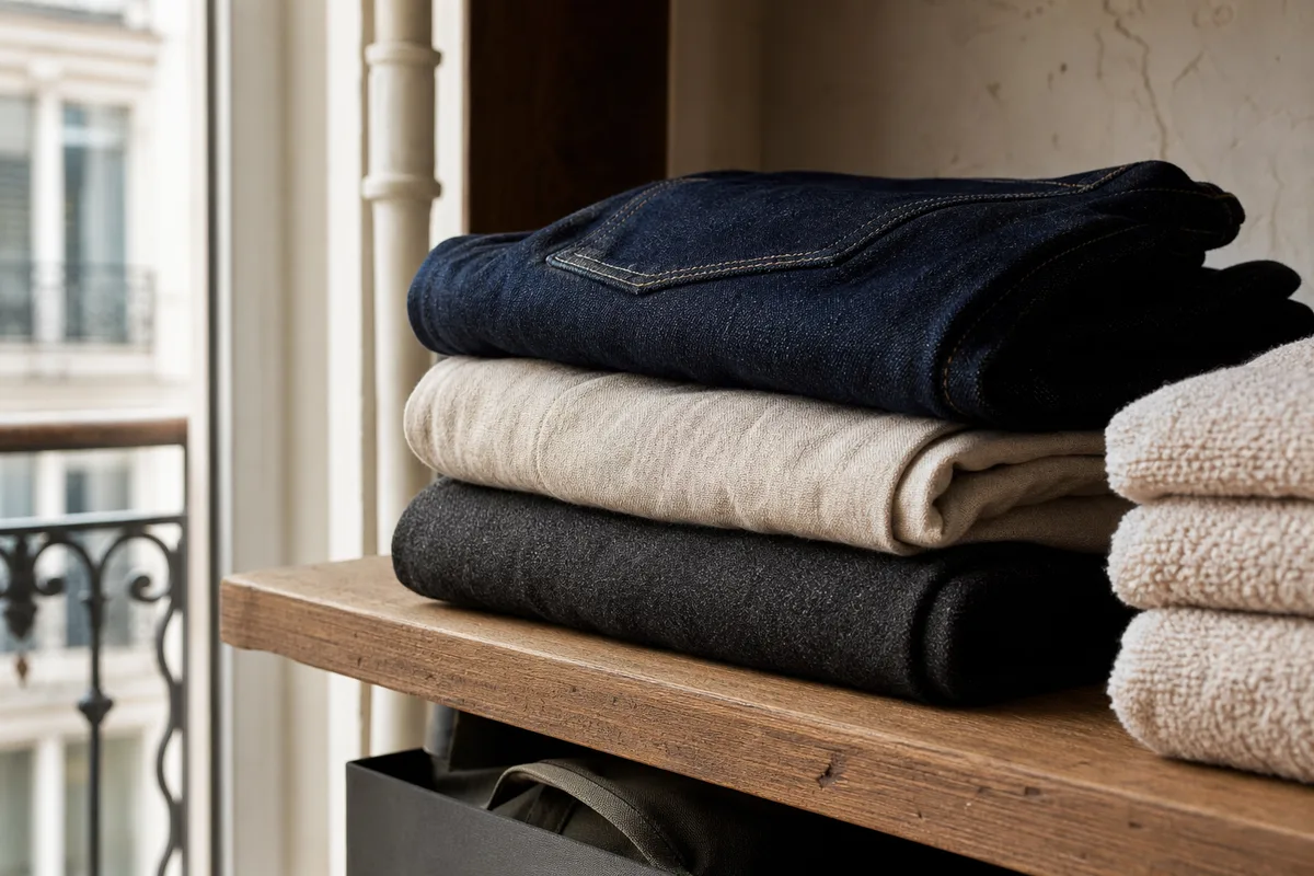 Pantalons pliés en denim, lin et laine avant repassage