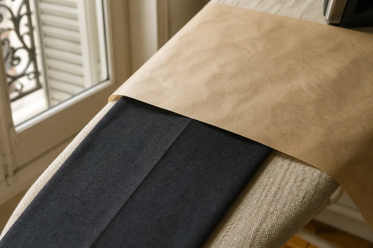 Papier kraft protégeant un pantalon de costume en laine