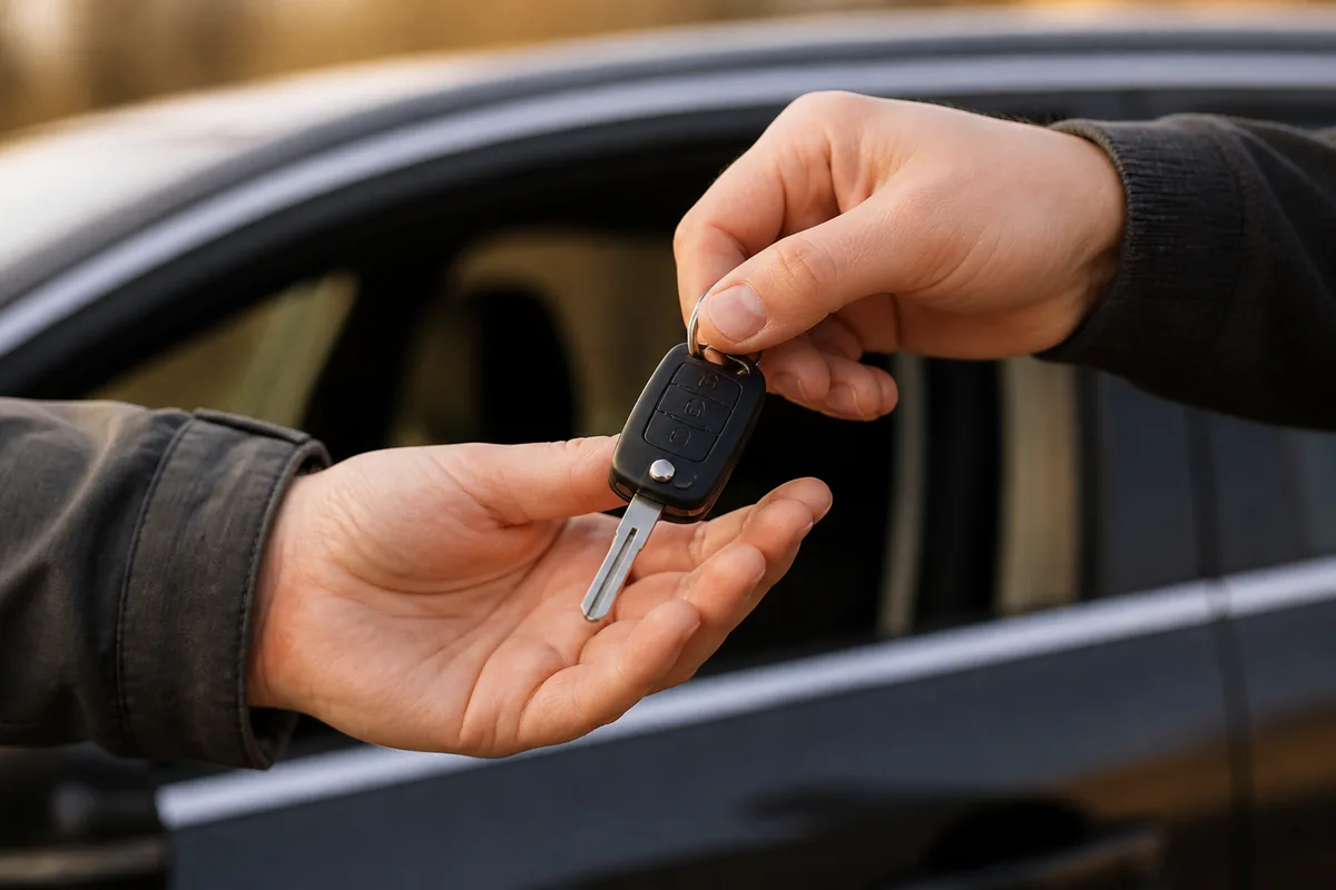 Mains d’adulte remettant un trousseau de clés de voiture près d’une portière ouverte