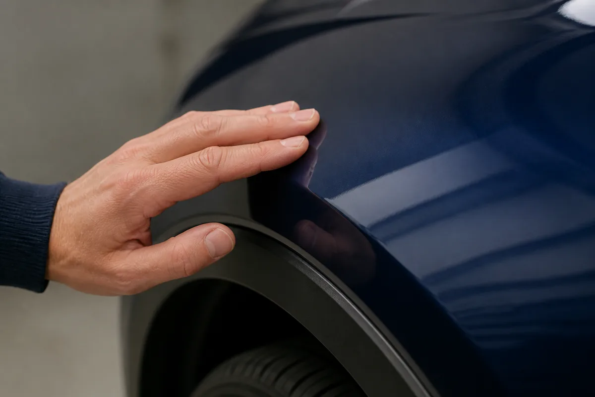Mains d’adulte inspectant l’aile avant d’une voiture lors d’un état des lieux