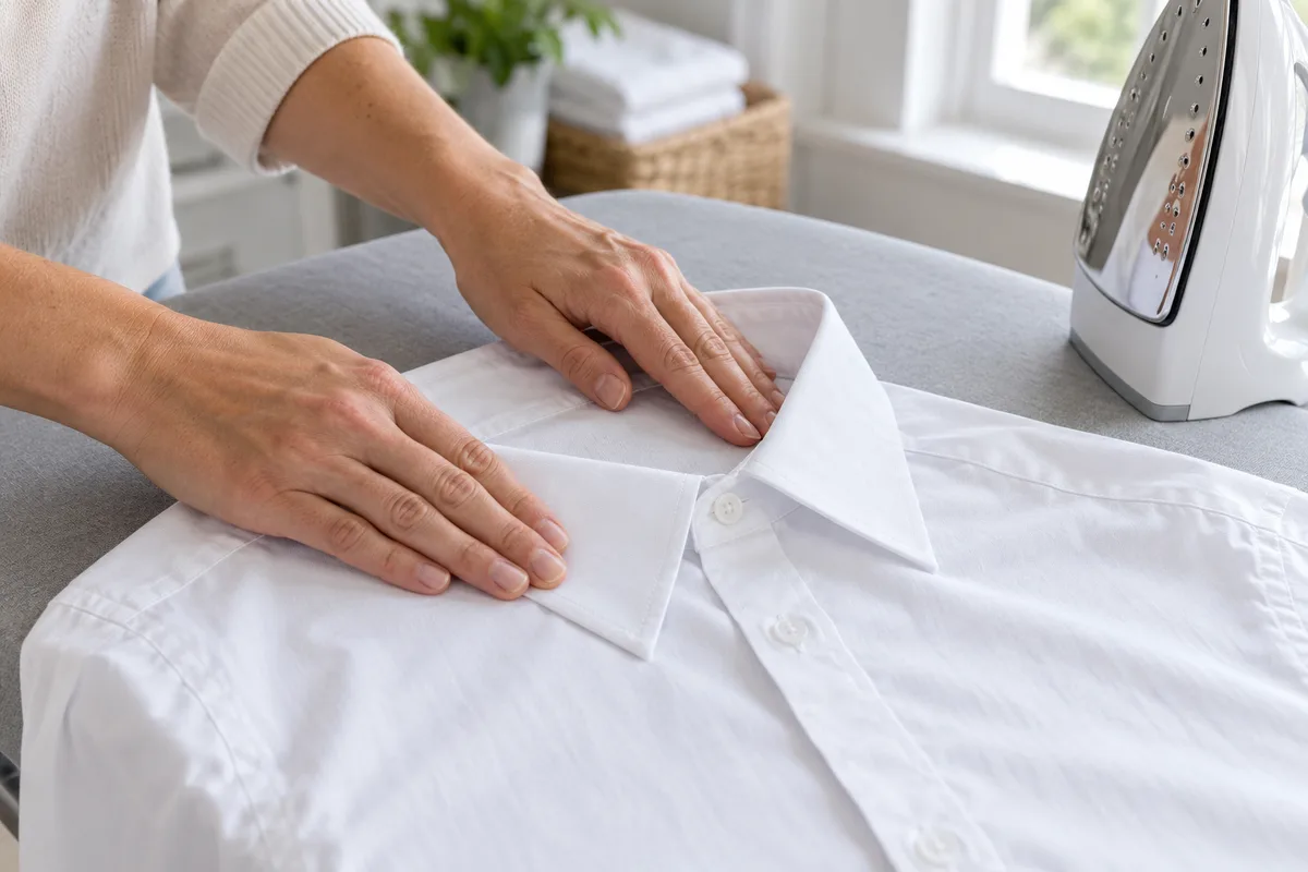 Mains lissant le col d&rsquo;une chemise en coton sur une planche à repasser