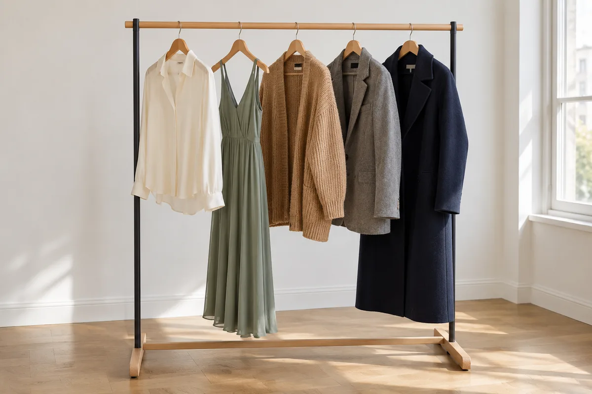 Portant de vêtements en soie et en laine dans une pièce claire