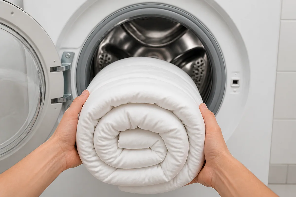 Couette roulée en boudin prête à être introduite dans le tambour d&rsquo;un lave-linge