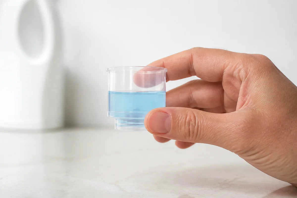 Bouchon doseur de lessive liquide tenu devant un lave-linge hublot ouvert