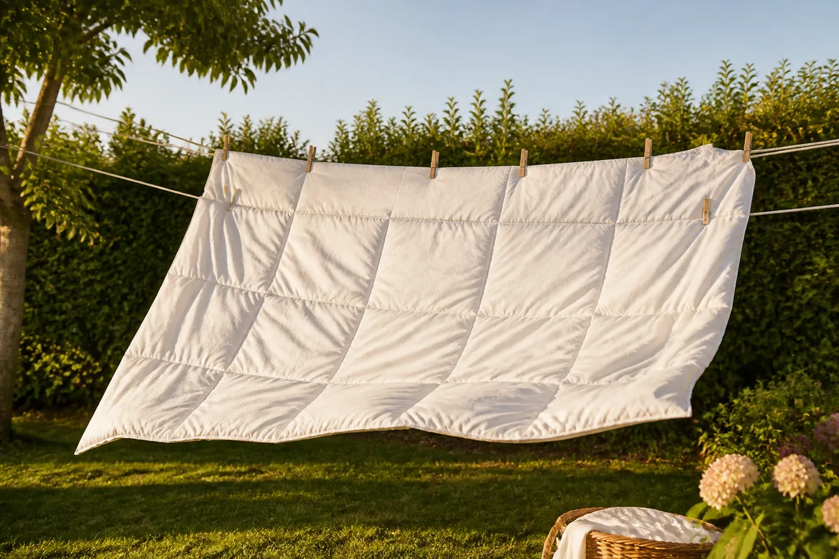 Couette blanche étendue à plat sur deux fils dans un jardin ventilé