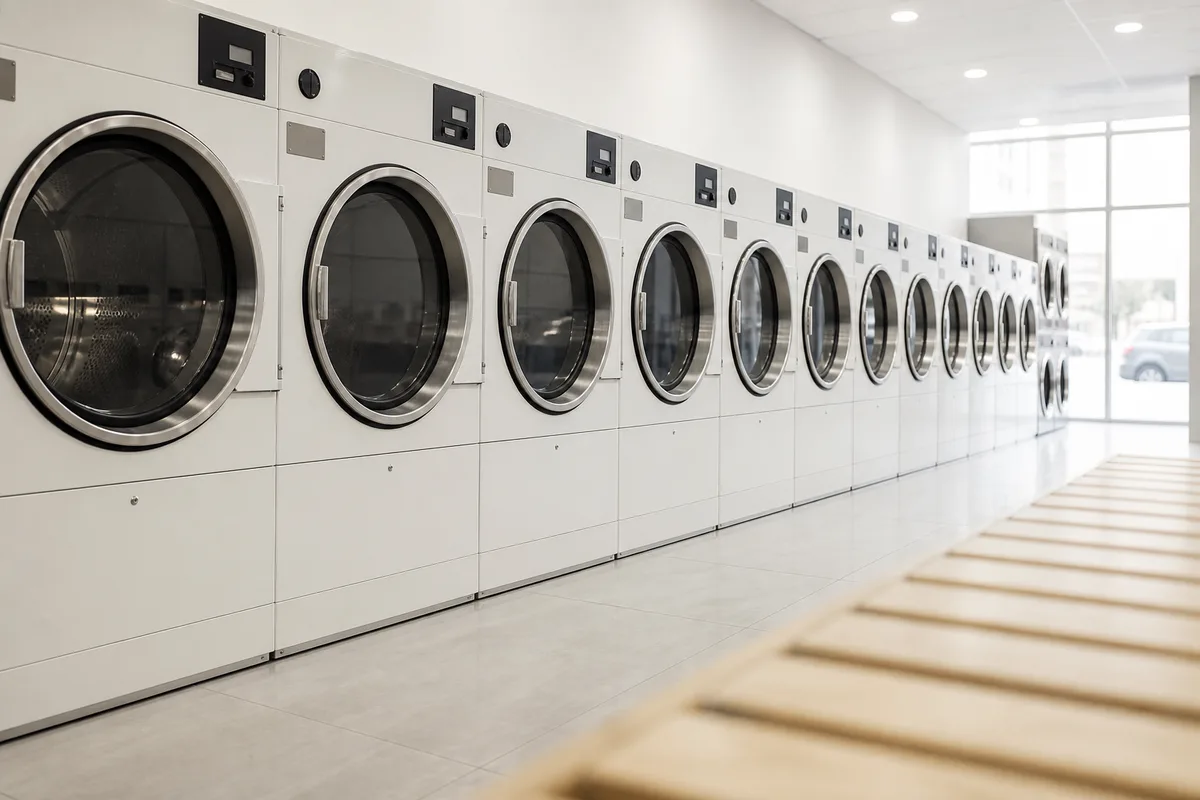 Rangée de lave-linge grande capacité dans une laverie automatique lumineuse