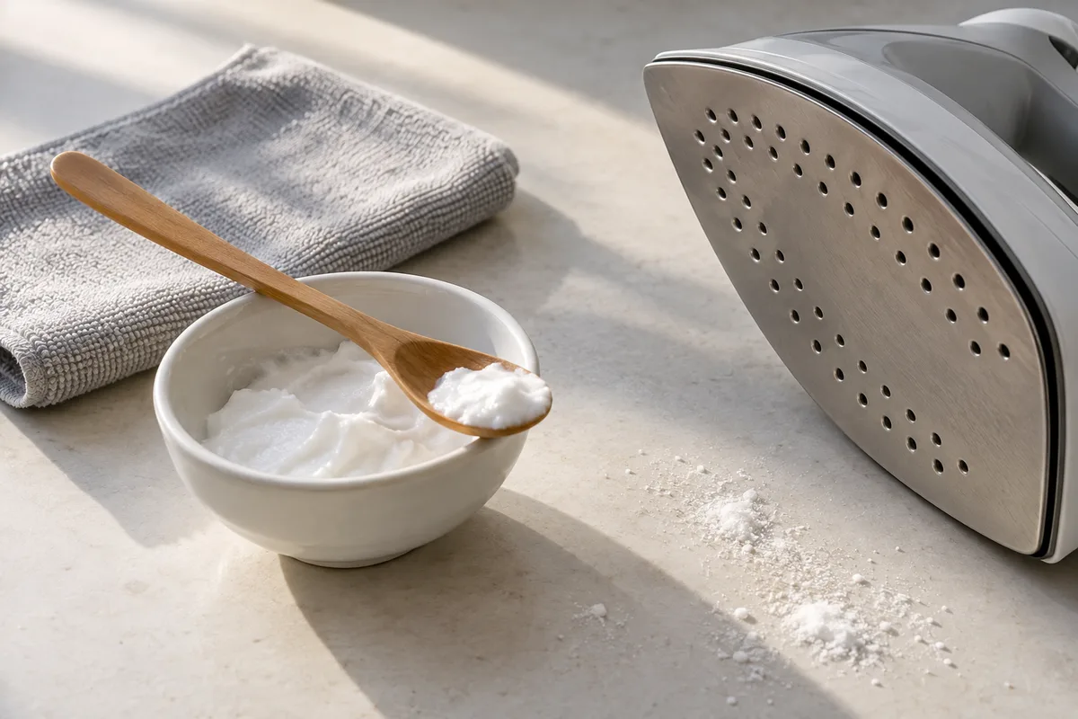 Bol de pâte de bicarbonate et cuillère en bois posés à côté d&rsquo;un fer à repasser froid