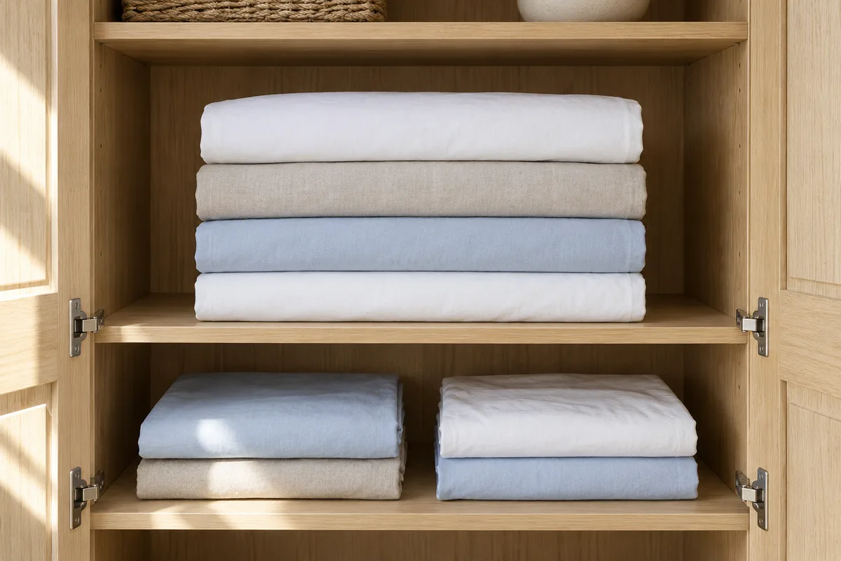 Pile de draps-housses pliés en rectangles nets dans une armoire en bois clair