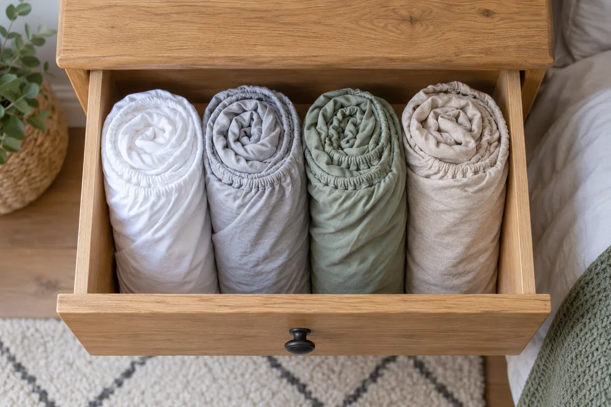 Draps-housses roulés et rangés debout dans un tiroir en bois