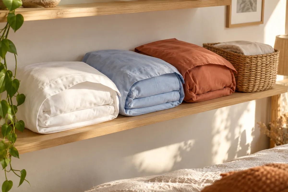 Parure de lit pliée et glissée dans sa taie sur une étagère