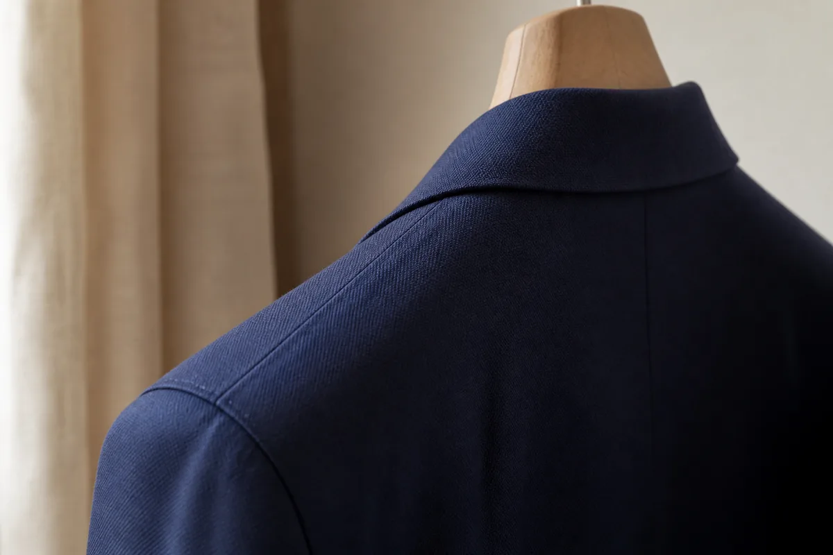 Veste de costume en laine suspendue à un cintre en bois large