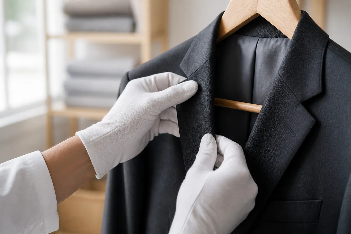 Mains gantées ajustant le revers d’une veste de costume dans une buanderie lumineuse
