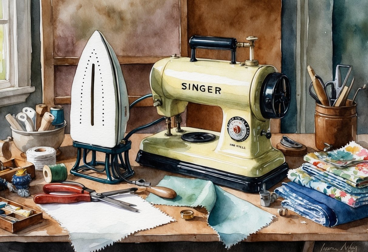 Une presse à repasser Singer vintage entourée d'outils de couture et d'échantillons de tissu sur une table de travail en désordre